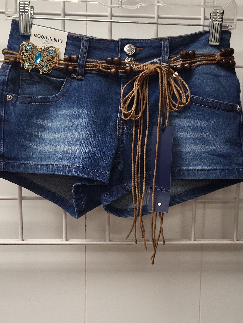 NWT, GOOD IN BLUE DENIM SHORTS WITH BUTTERFLY BELT, SIZE 7